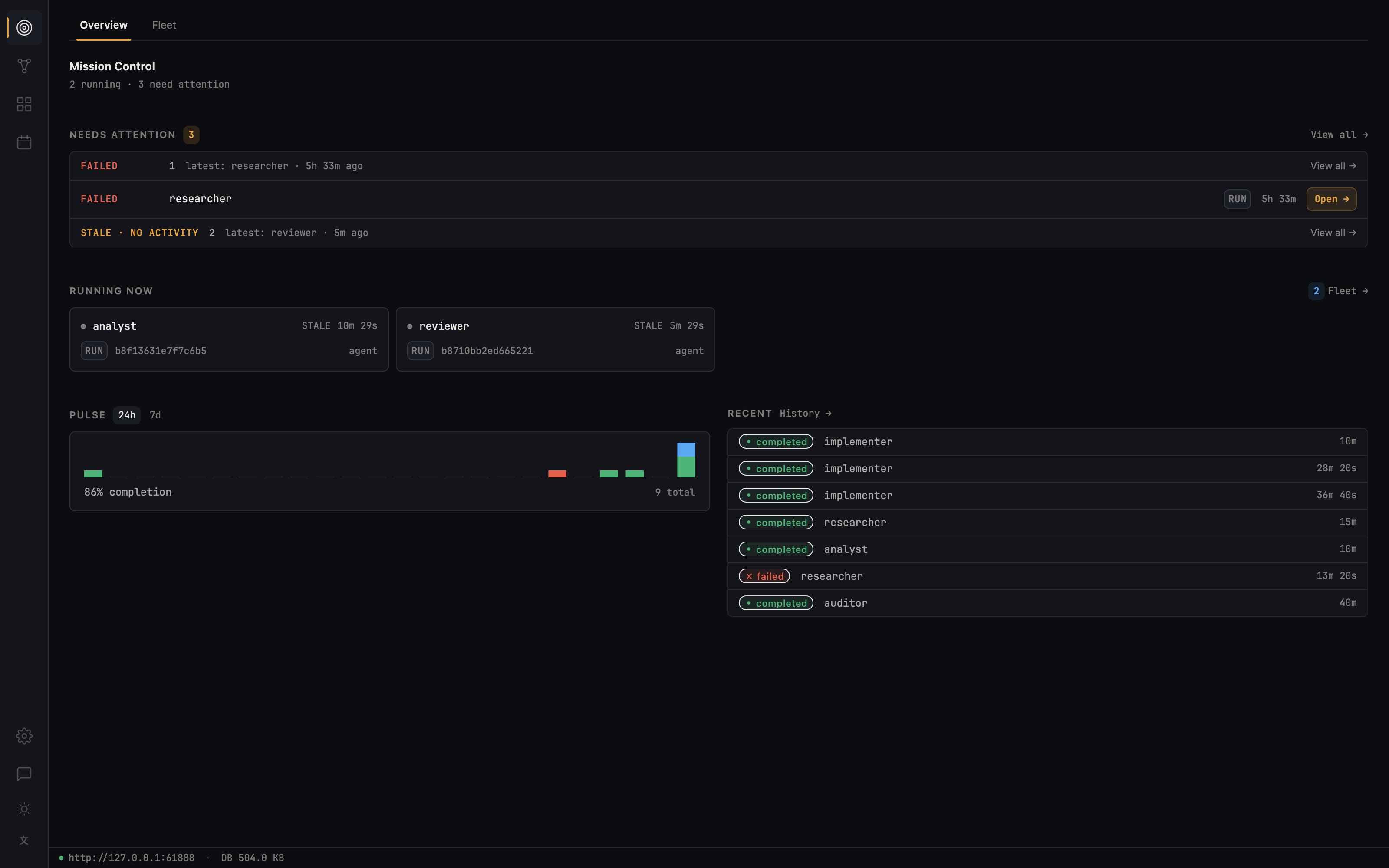 Lion Studio dashboard showing live agent runs, schedules, and telemetry